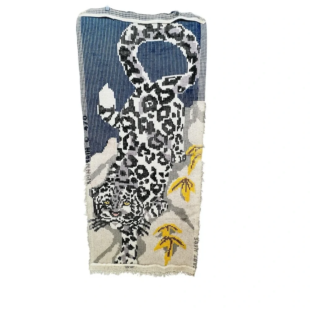 Retro Snow Leopard Latch Hook Wall Hanging Shag Rug Pop Art MCM 70s Maximalist